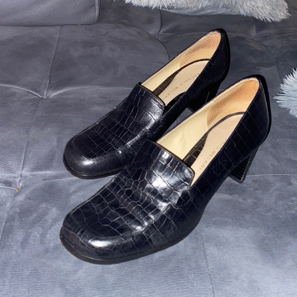 EUC Vintage 90s Black Alligator Leather Loafer Style Chunky Heel Shoes-trendy!